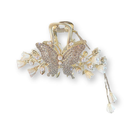 Pince à cheveux papillon en métal avec perles et fleur de lys Or - Chic & Coquette
